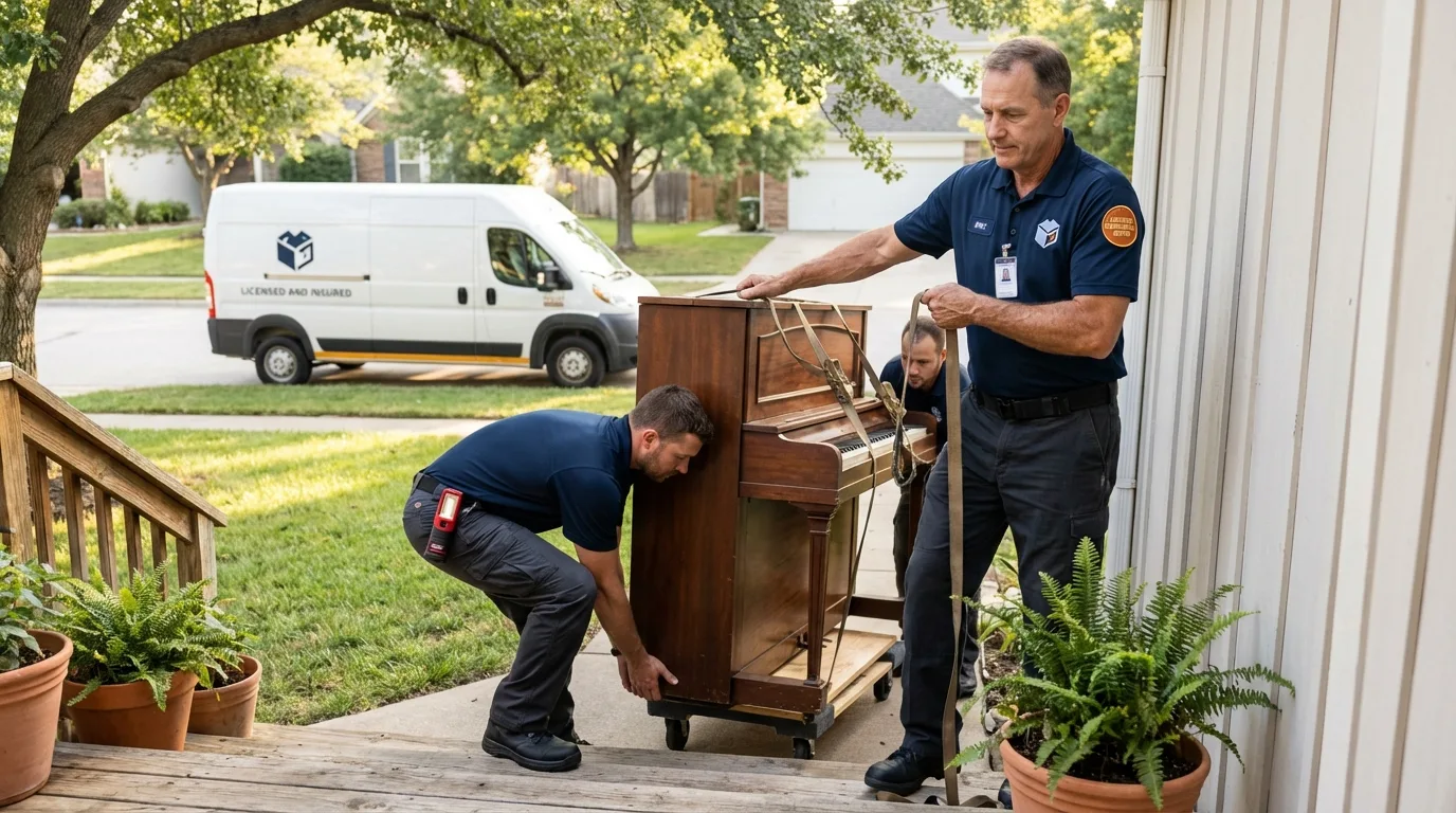 Licensed piano movers securing grand piano in Defiance, OH