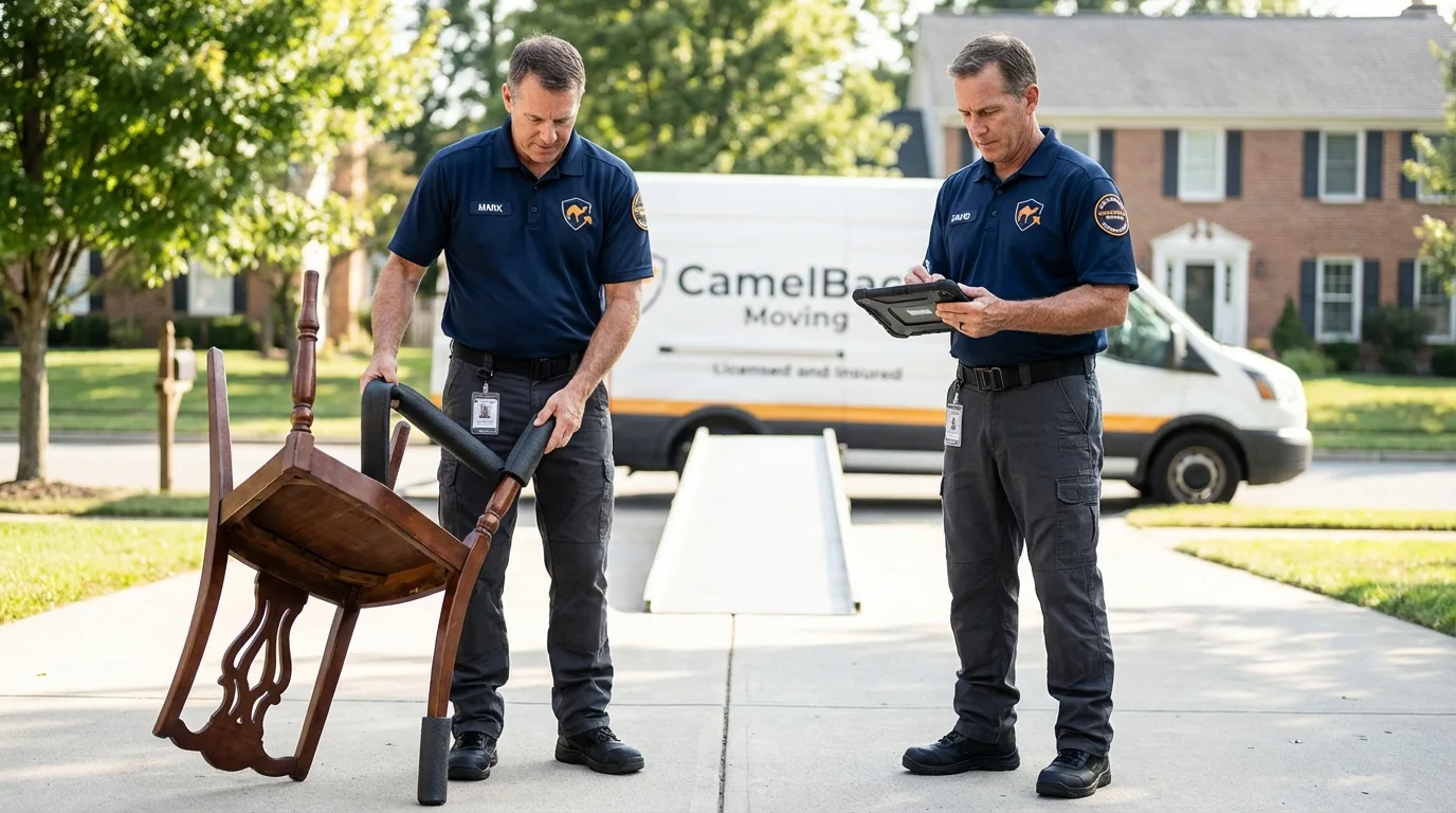 Movers inspecting furniture for damage prevention before loading in Defiance, OH