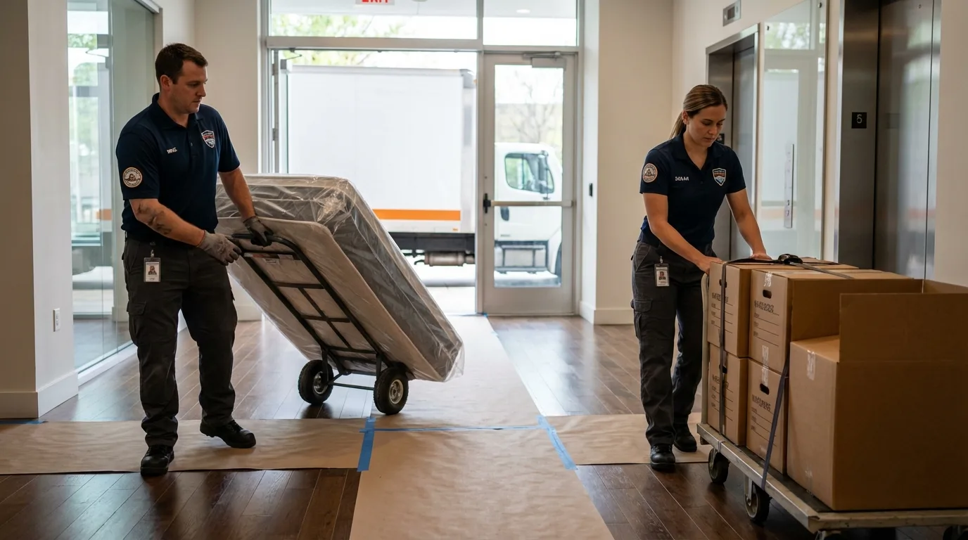 Professional apartment movers loading elevator in Defiance, OH